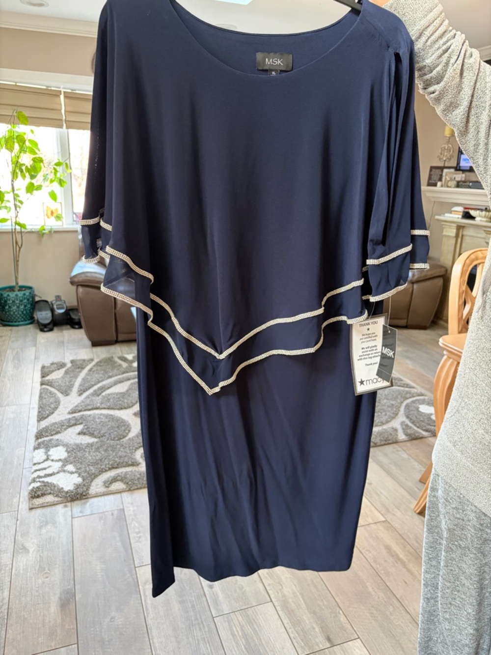MSK Navy Midi Dress with Layered Flutter and Silver Trim